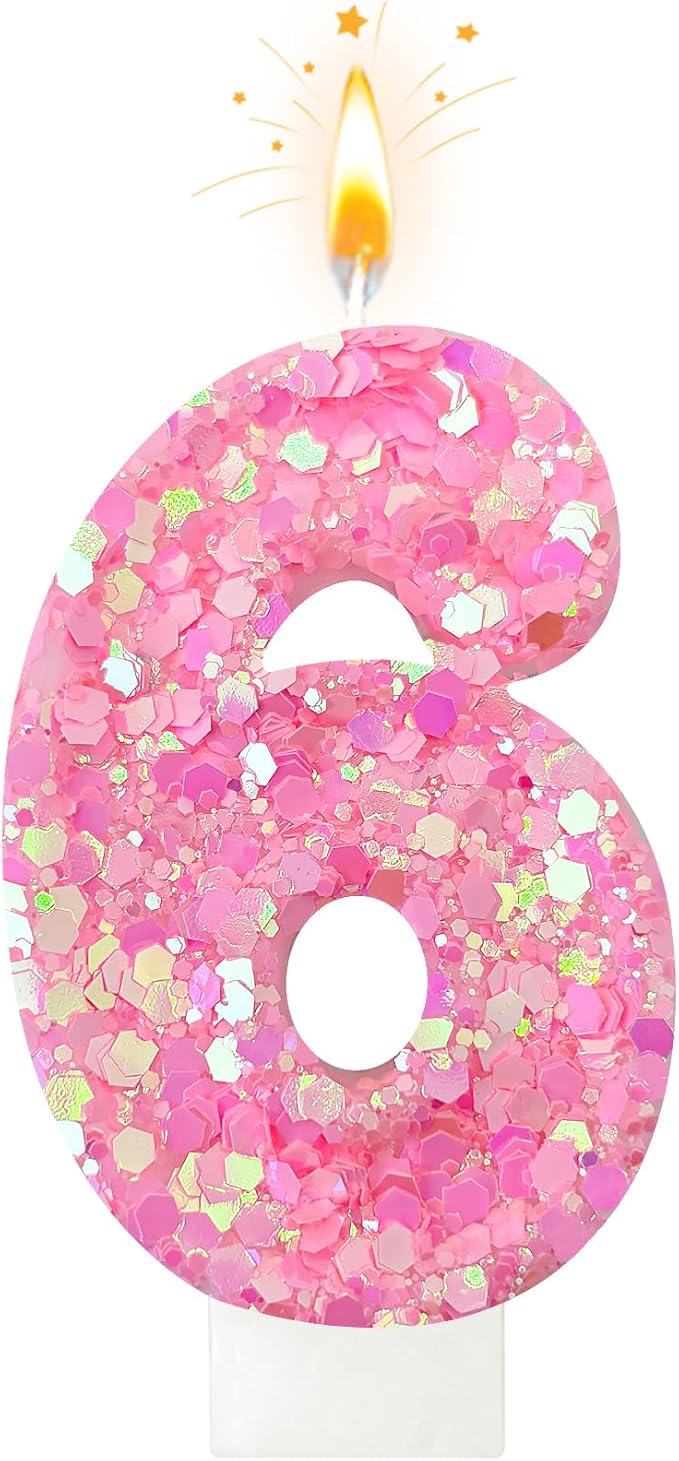 Zailo Birthday Number Candles, Glitter Number Candle Cake Decorations with Sequins, Cupcake Decorations for Girls, Women, Party Anniversary Celebrations (Number 6, Light Pink)
