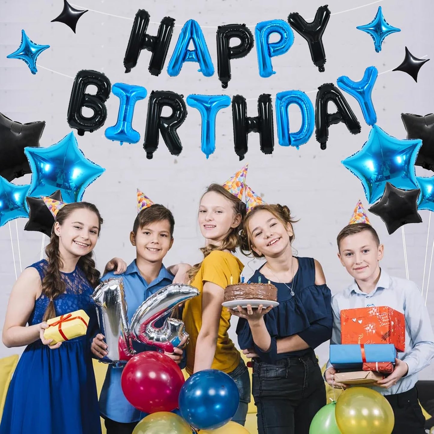 TONIFUL 35PCS Black Blue Happy Birthday Decorations Kit 16 Inch Happy Birthday Balloon Banner with Star Balloons Mylar Foil Birthday Party Decorations Supplies for Men Women Adults Girls Boys Kids