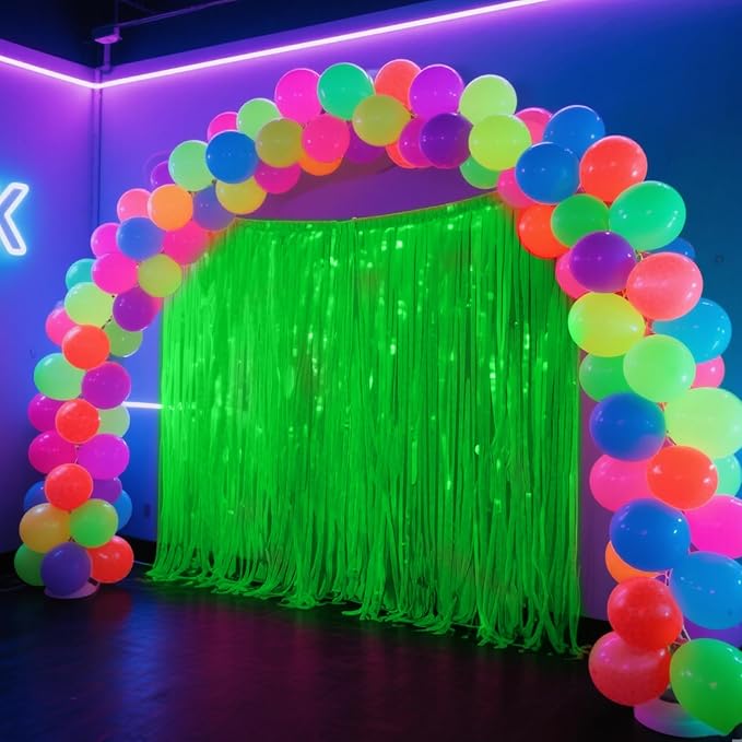 Glow in The Dark Party Supplies, 4 Packs Neon Party Decorations, Macaron Green Blacklight Reactive Fluorescent Tinsel Foil Fringe Curtains, Luminous Backdrop Streamers for Birthday, Photo Booth Prop