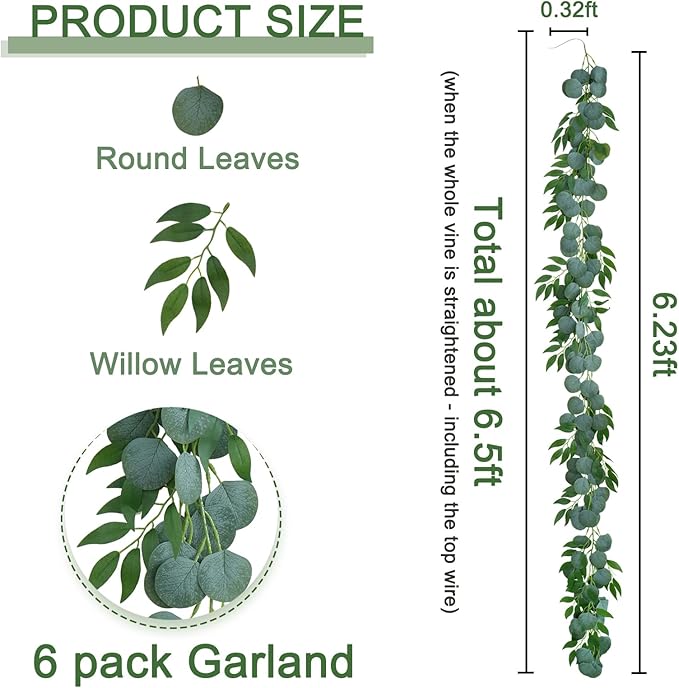 Greentime 6 Pack Artificial Eucalyptus Garland Plant Faux Greenery Garland Leaves with Willow Hanging Vines for Wedding Party Backdrop Home Indoor Outdoor Table Arch Wall Decoration