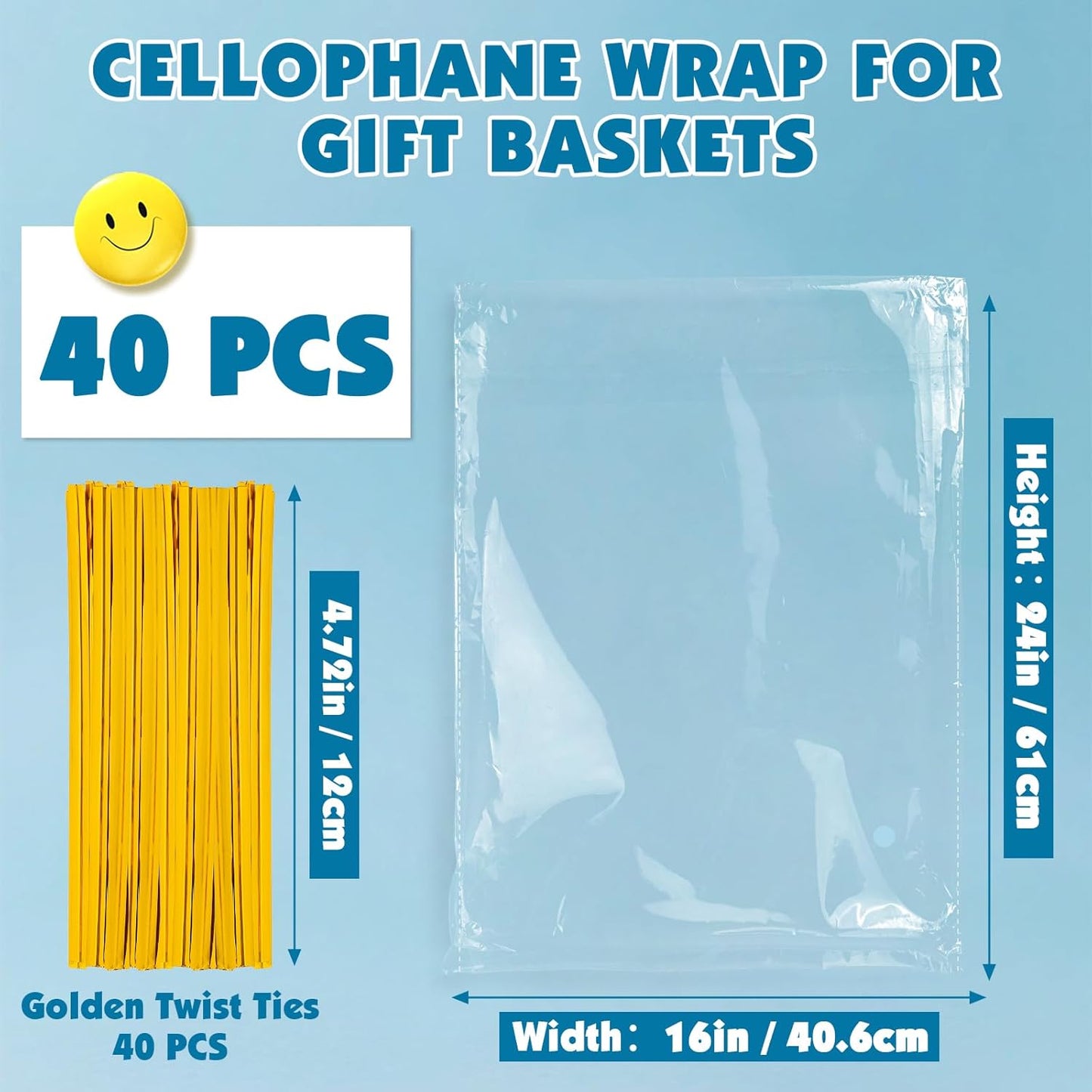 NUITPY 40 Pcs Cellophane Bags, 16 x 24 Inchs Cellophane Wrap for Gift Baskets, Durable Cellophane Gift Bag, Clear Basket Bag - Complimentary 40 Pcs Golden Twist Ties