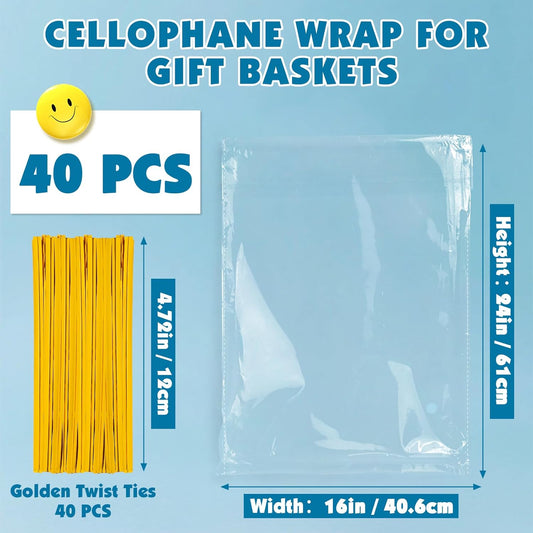NUITPY 40 Pcs Cellophane Bags, 16 x 24 Inchs Cellophane Wrap for Gift Baskets, Durable Cellophane Gift Bag, Clear Basket Bag - Complimentary 40 Pcs Golden Twist Ties