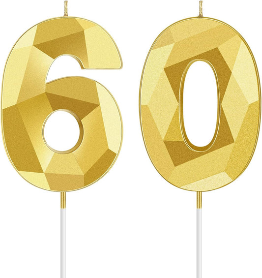 Nuanchu 60th Birthday Candles Cakes Number Candle Cake Topper Decoration 3D Diamond Shape Cake Candles for Birthday Wedding Anniversary Celebration Party Supplies(Gold)