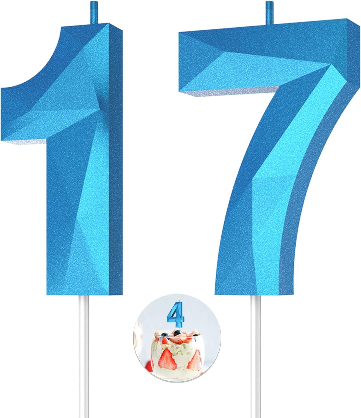 Number Birthday Candles(17 Candle Blue) 3D Diamond Shape Number Happy Birthday Cake Candles for Birthday Party Wedding Decoration Reunions Theme Party