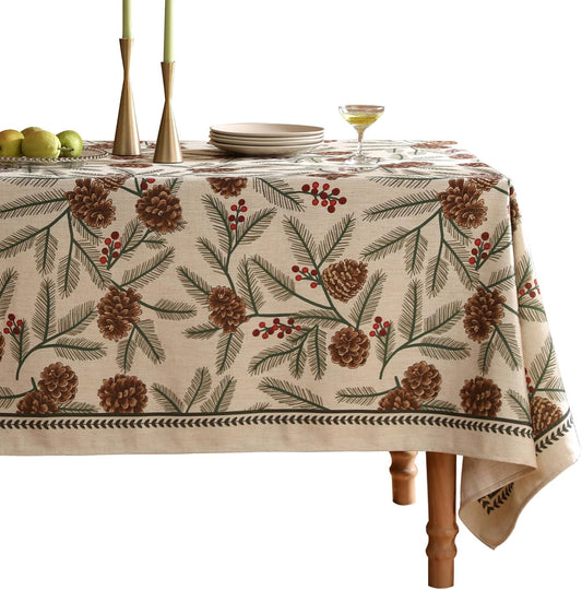 ISAENNE Designer Christmas Beige Linen Extra Long Tablecloth Rectangle,Pinecones Pattern Indoor Table Cloths,Washable Decor Tablecloths for Dining Thanksgiving Kitchen,67"*118"-Carol B
