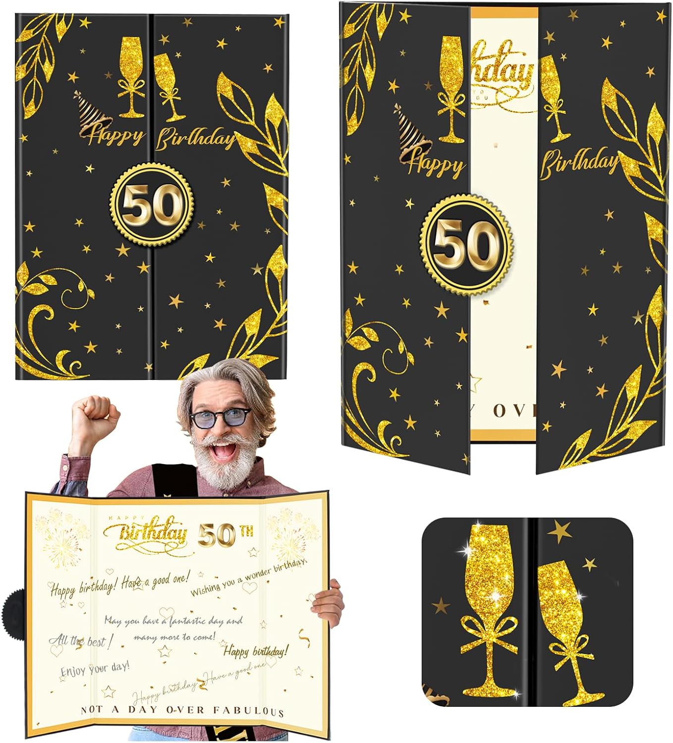 50th Birthday Guest Book Black Gold Party Decorations 16.73x11.8inch,50 Years Birthday Signature Poster Card Gift Giant Guest Sign in Book Fifty Birthday Party Keepsake -Table Centerpiece Decor