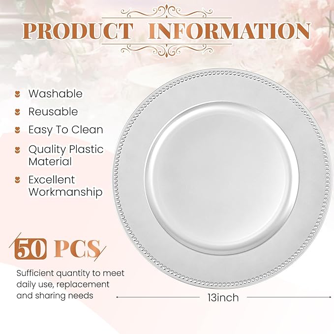 50 Silver Charger Plates Bulk, 13" Round Beaded Decorative Dinner Chargers for Wedding, Holiday, Baby Shower, Event Decoration (Silver)