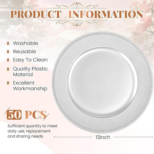 50 Silver Charger Plates Bulk, 13" Round Beaded Decorative Dinner Chargers for Wedding, Holiday, Baby Shower, Event Decoration (Silver)