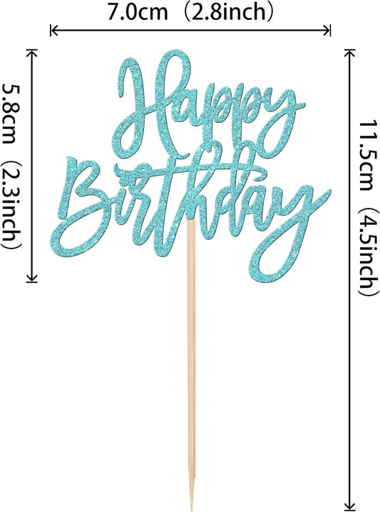 24 PCS Happy Birthday Cupcake Toppers Glitter Picks for Celebrating Anniversary Theme Party Cake Decorations Supplies Light Blue