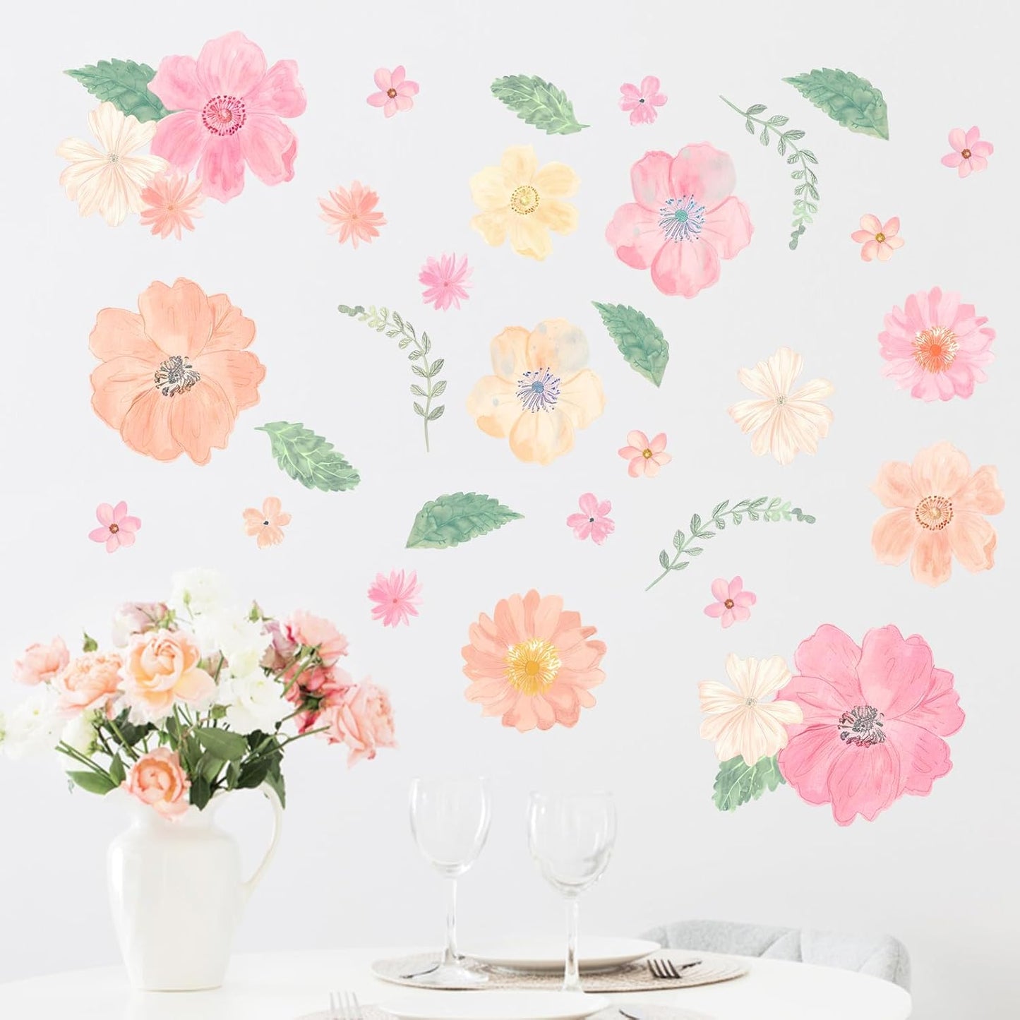 Mfault Watercolor Flower Wall Decals Stickers, Pink Poppy Floral Leaves Decorations Bedroom Art, Botanical Seasonal Home Living Room Kitchen Decor