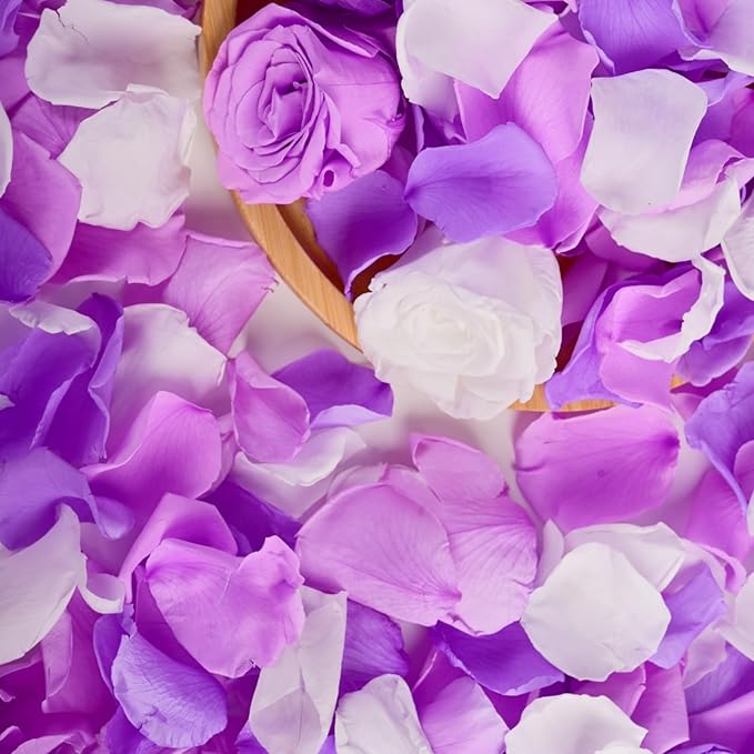 Eslibin 180 PCS Real Purple White Rose Petals for Wedding Flower Girl to Throw, 1.75oz Mixed Fresh Dried Rose Petal for Proposal Centerpieces Valentine's Day Romantic Night Decor