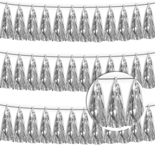 3P Silver Tassel Banner Garland Metallic Foil Fringe Banner Tinsel Tassels Streamer Banner Backdrop for Parade Floats, 2025 Graduation Decorations, Christmas, Wedding Party Decoration