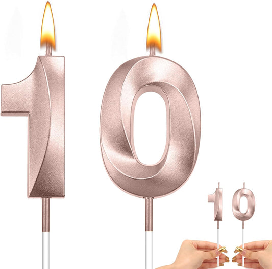 10th Birthday Candles Number 10 Candle Numeral Candles Happy Birthday Cake Candles Topper Decoration 3D Number Candles Cupcake Topper for Birthday Wedding Anniversary Celebration Supplies Rose Gold