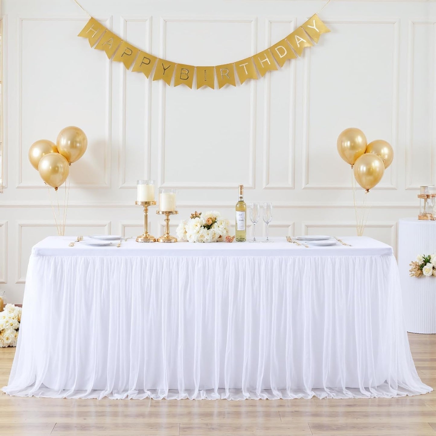 Suppromo White Tulle Tablecloth for 4 Foot Rectangular Tables, 48 x 24 Inch White Rectangle Table Cloth, Wrinkle Free Table Cover with Tutu Skirt for Wedding Birthday Party Banquet Tablecover