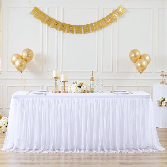 Suppromo White Tulle Tablecloth for 4 Foot Rectangular Tables, 48 x 24 Inch White Rectangle Table Cloth, Wrinkle Free Table Cover with Tutu Skirt for Wedding Birthday Party Banquet Tablecover