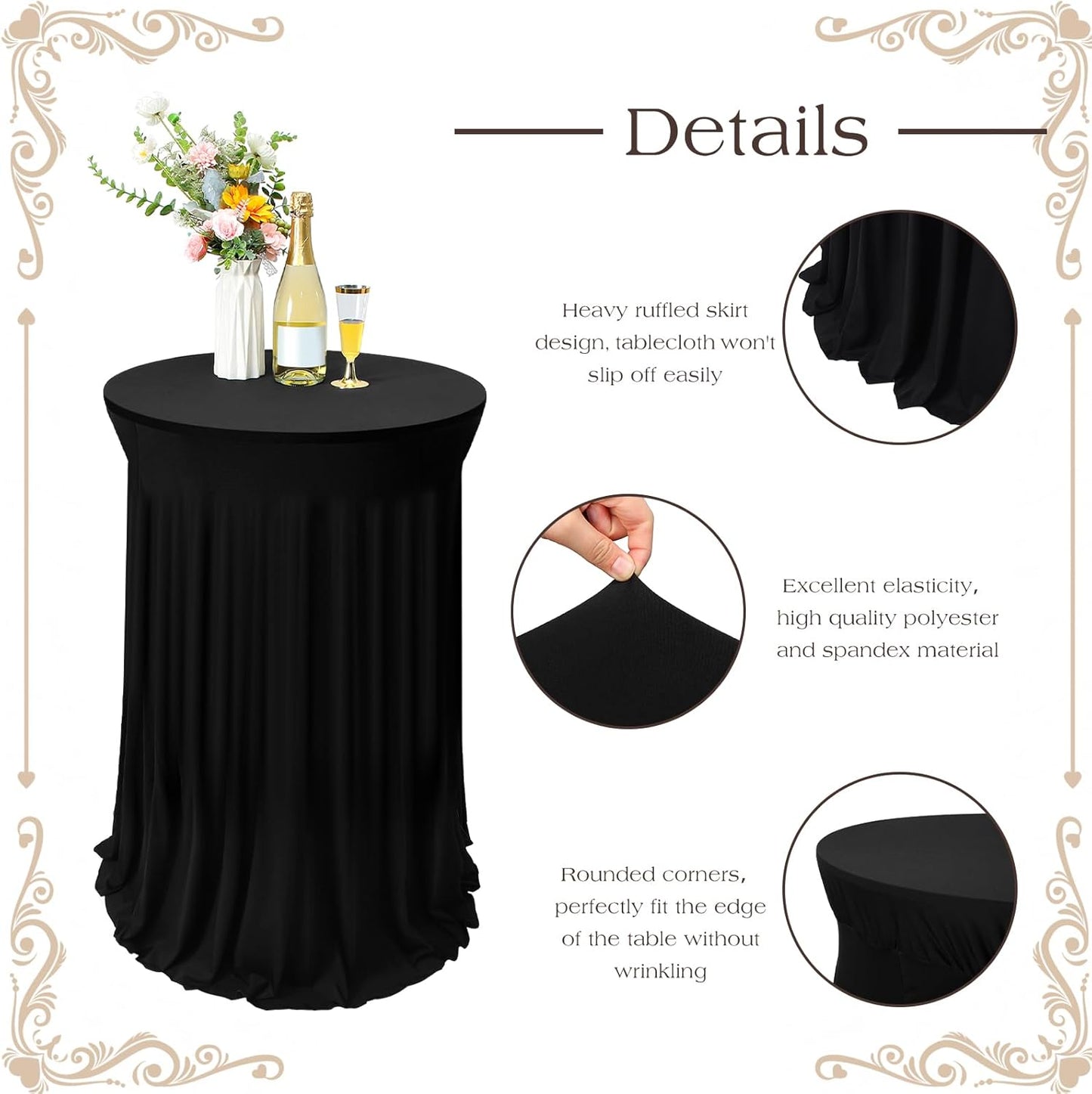 Tegeme 3 Packs 32 x 43 Inch Round Spandex Cocktail Tablecloths with Skirt Cocktail Round Table Cover Spandex Stretch Tablecloth for Fitted High Top Table Bar Wedding Party Banquet (Black)