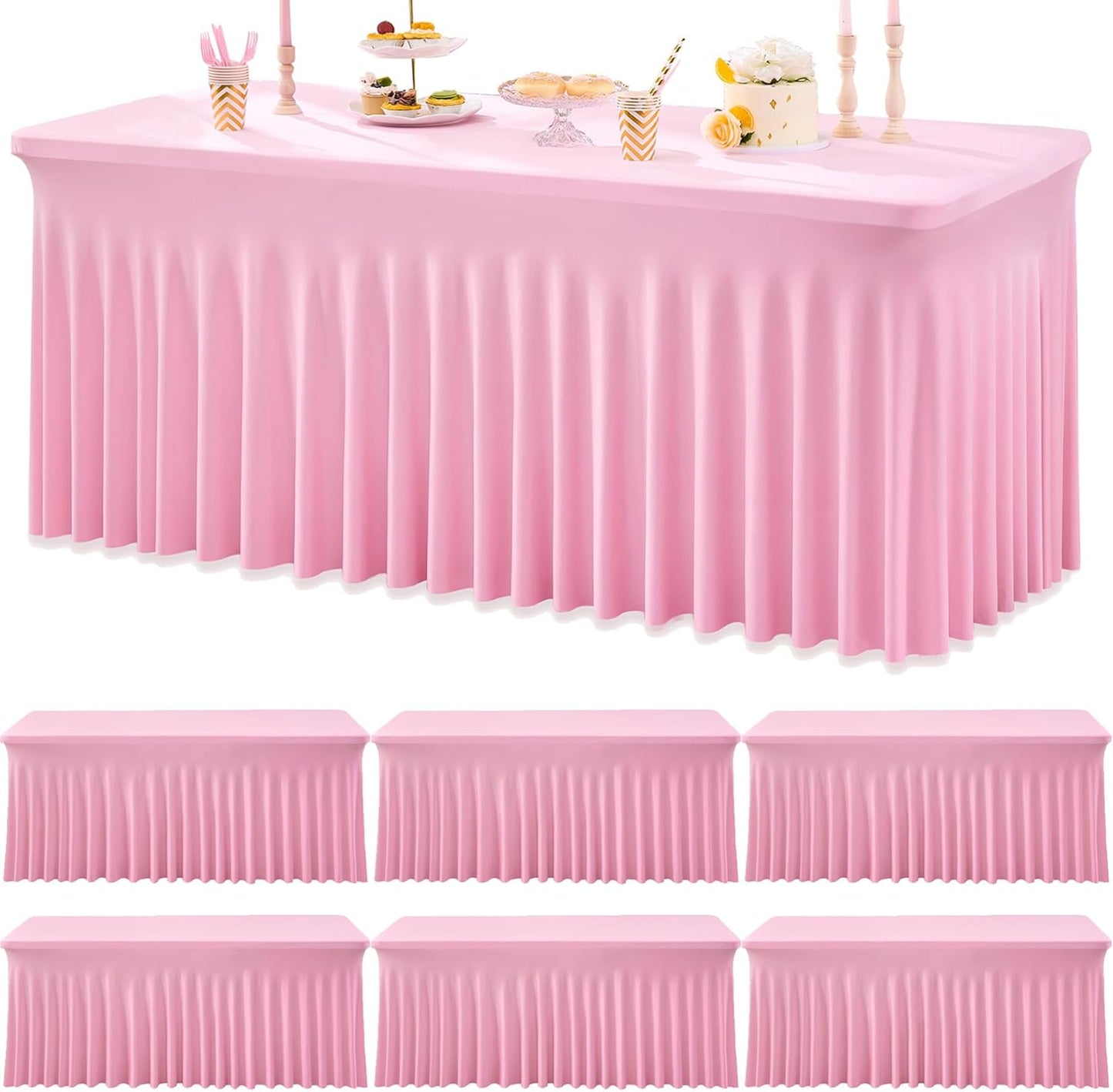 6pk Spandex Tablecloths for 6 Foot Rectangle Tables, Pink Fitted Table Cloths 6ft Stretchy Tablecovers Desk Skirt for Parties Weddings Birthday Banquet Baby Shower