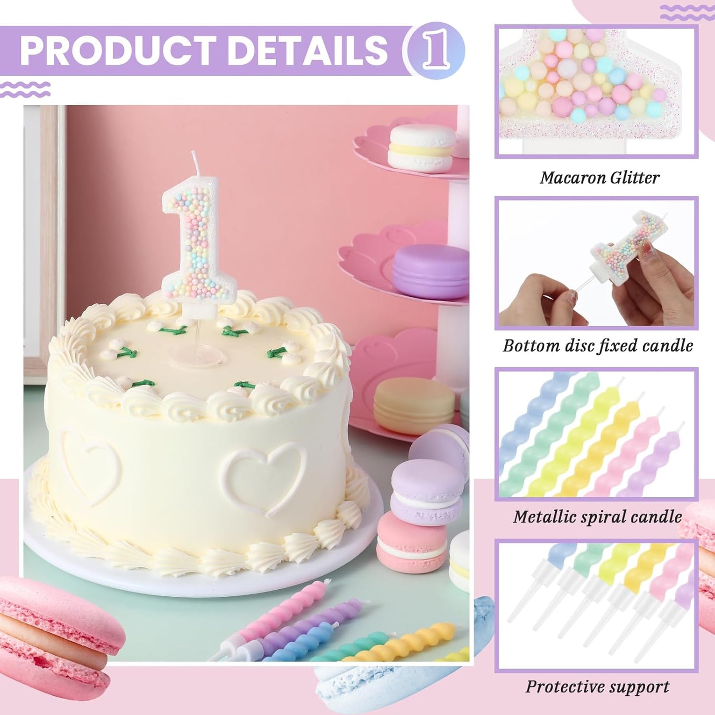 MTLEE Number 1 Birthday Candle with 12 Pcs Spiral Candles for Girls Macaron Pastel Rainbow Unicorn Pink Cake Topper for Sweet Theme Party Decoration