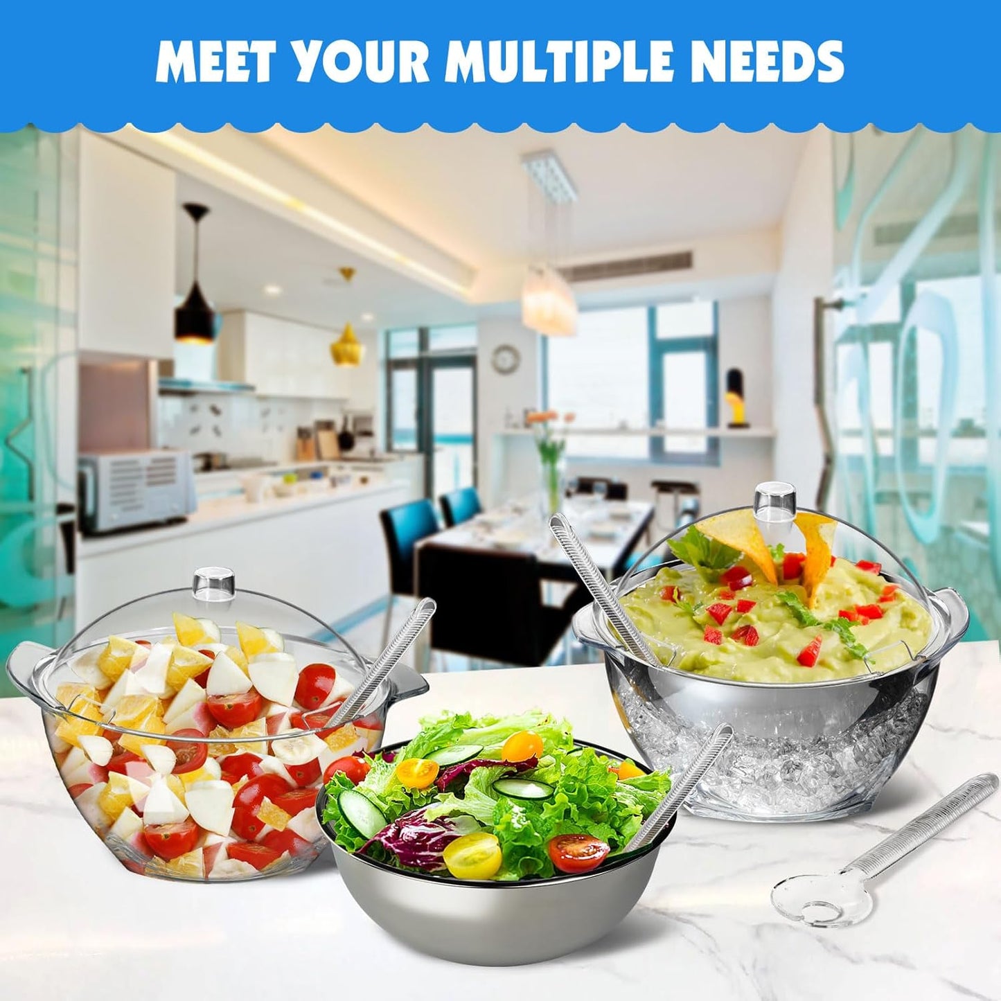 MEHOEIME Large Ice Chill Salad Bowl with Lid, Iced Serving Bowl with Ice Chiller Base For Parties, Keep Food Cold at Party, Ice Chilled Tray, Long Spoons, Extra, Clear, MH-DSLW-C3