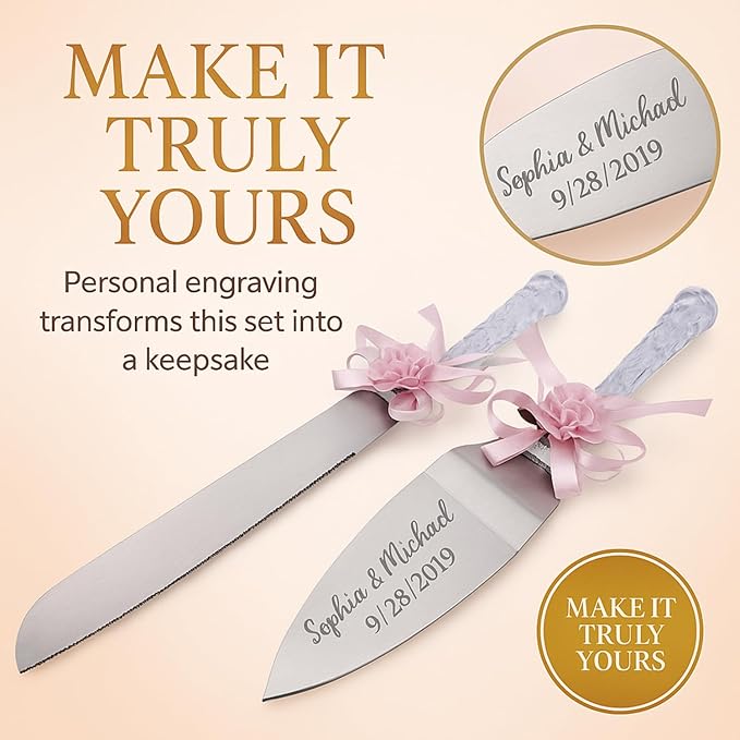 GIFTS INFINITY Personalized Wedding Cake Knife and Server Set with Engraving – Cake Cutting Utensil Set, Keepsake Gift for Wedding, Anniversary, Reception, Birthday & Other Occasions (Flower HG Pink)