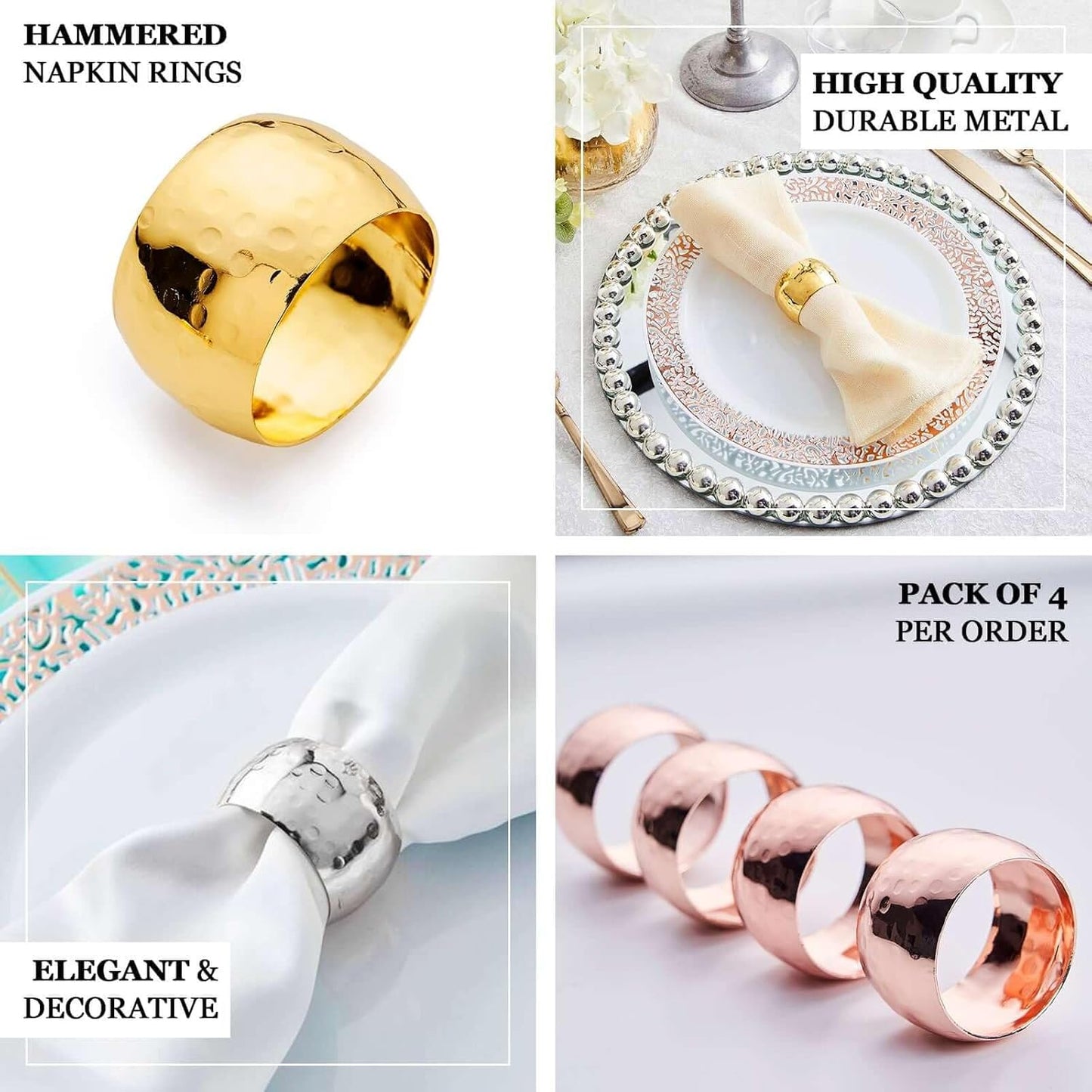 Efavormart Shiny Silver Plated Hammered Curved Napkin Rings - 4/pk