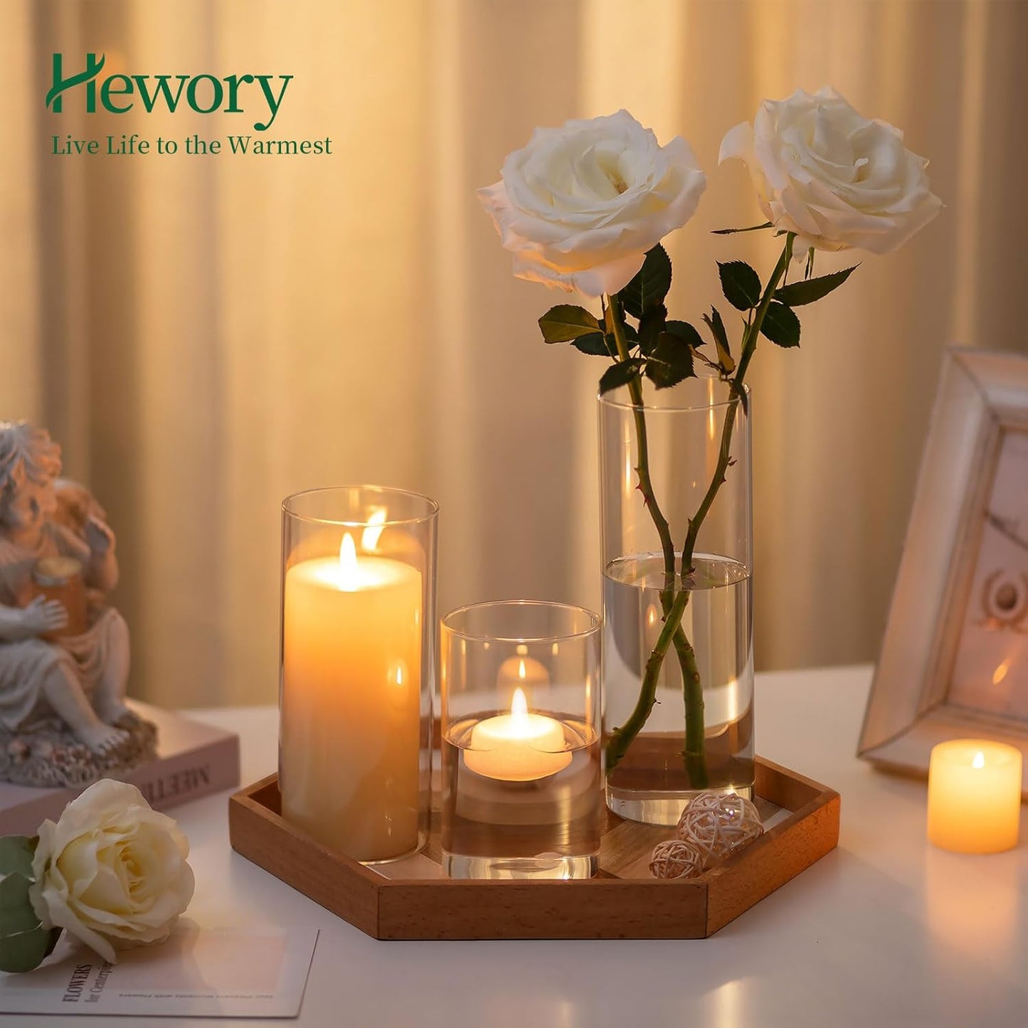 Glass Cylinder Vases Set of 6, Hewory Tall Clear Vase for Centerpieces, Glass Hurricane Candle Holders for Pillar or Floating Candles, Round Vases for Wedding Anniversary Events Table Decor, 3.3in