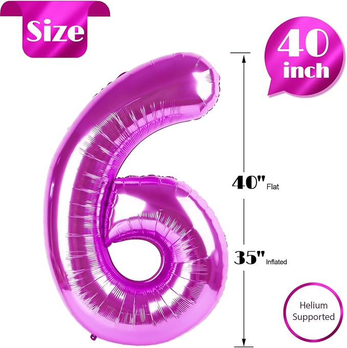 Rosy Purple 6 Balloon, Number Balloons 40 Inch, 6th Balloons for Birthday Decorations, Rosy Purple Party Supplies 6 Birthday Balloon, Number 6 Balloon