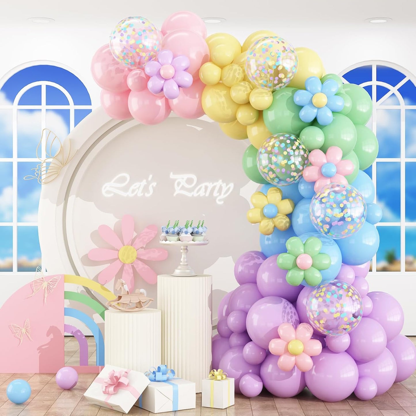 Pastel Balloon Arch Kit Macaron Pink Blue Green Purple Yellow Pastel Color Rainbow Confetti Latex Party Balloons Garland for Easter Birthday Baby Shower Graduation Wedding Party Decorations
