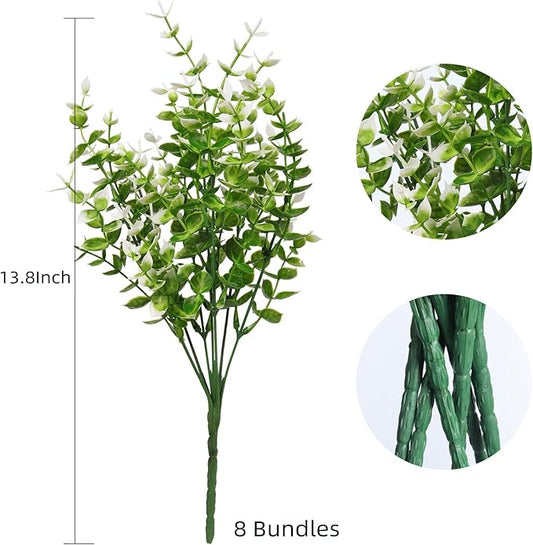 White Artificial Eucalyptus Flowers – 8 Bundles UV Resistant Faux Outdoor Plants for Party & Home Decor