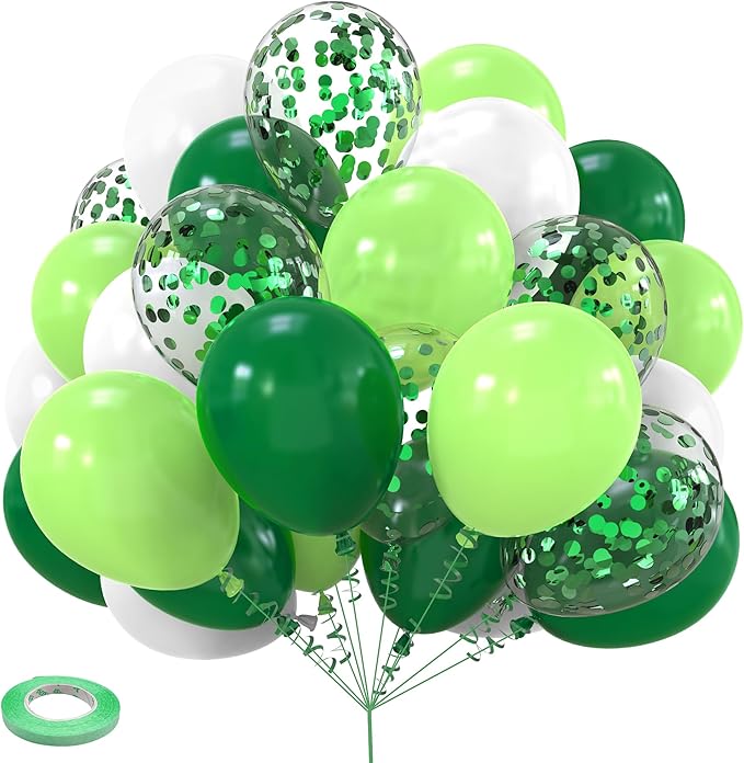 Green and White Balloons Set - 60 Pcs Party Balloons Decor - Green Confetti for Kids Birthday - Strong Latex Balloon Pack for Christmas Birthday Baby Shower, Jungle Themed Party Decoration 12 Inch