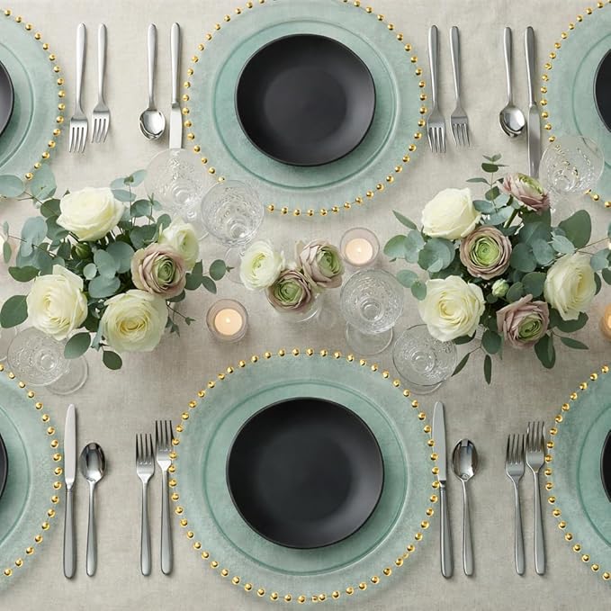 PLASTICPRO Translucent Green with Gold Rim Plastic Charger Plates with Beaded Edge – Pack of 8 – 13" Elegant Round Disposable Chargers for Weddings, Events, Parties, and Dinners