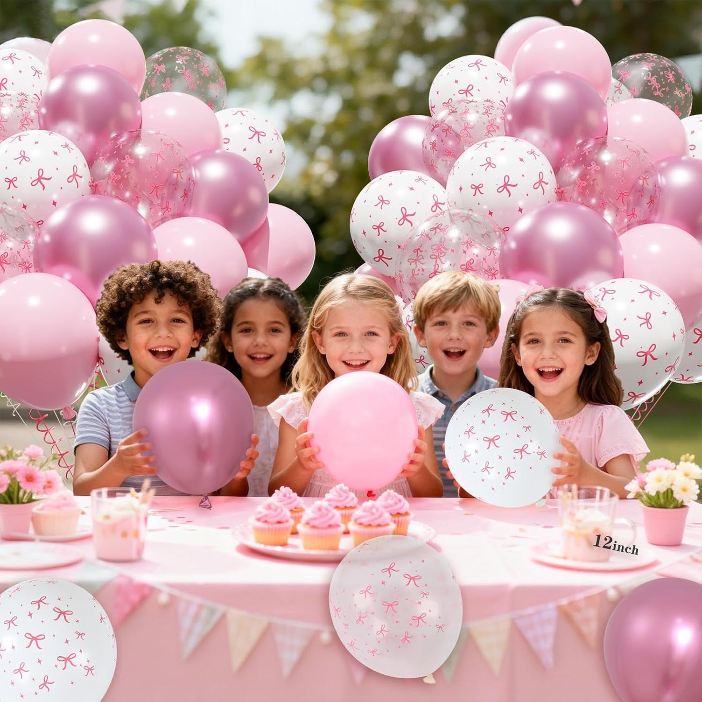 Patimate Pink Bow Balloons Set, 50 pcs 12 inch Metallic Pastel Pink White Transparent Bow Print Balloons Kit for Coquette Birthday Baby Shower for Girls Women Wedding Bridal Shower Party Decorations