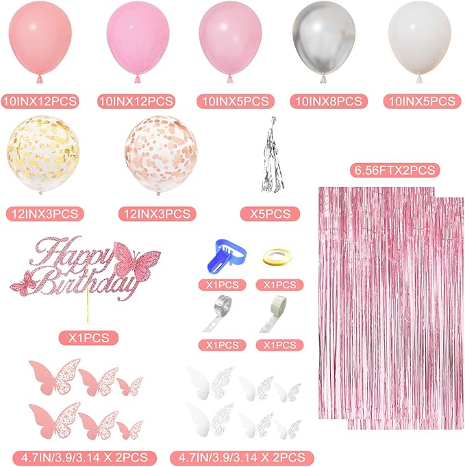 Amandir Pink Birthday Decorations for Women Girls, Silver Pink Confetti Foil Balloons Happy Birthday Banner Butterfly Fringe Curtains Cake Topper for Princess Party Supplies Decor