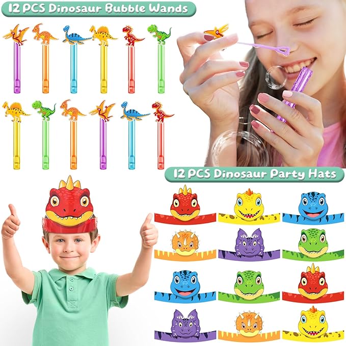 12 Pack Dinosaur Birthday Party Favors Decorations Supplies for Kids, Dino Theme Goodie Bags Fillers with Silicone Fidget Stretch Toys, 3D Dino Boxes, Bubble Wands, Hats, Slap Bracelets, Stickers