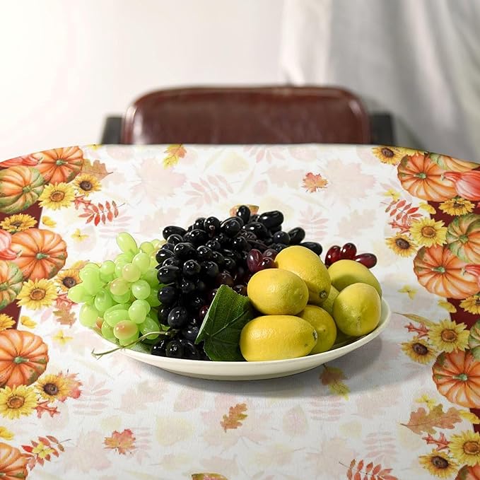 Autumn Thanksgiving Pumpkin Tablecloth, Vintage Retro Maple Leaves Watercolor Yellow Sunflower Fall Harvest Table Cover for Party Picnic Dinner Kitchen 60x110 Inch Rectangle