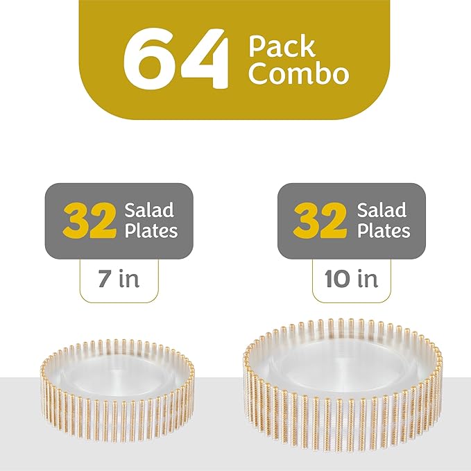 PLASTICPRO 64 Piece Combo Plastic Dinner Plates Disposable Plastic Fancy Heavy Duty Party Dishes 7 inch and 10 inch, Clear and Gold Beaded