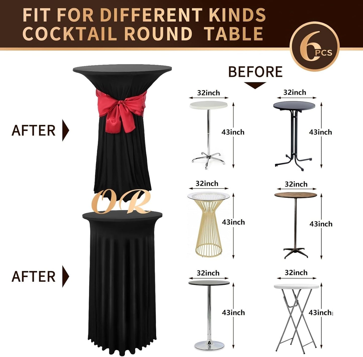 6 Packs Cocktail Table Covers Black Cocktail Table Cloth 32"x 43" Spandex Stretch Small Round Tablecloth for 32in Table with Wavy Drapes Fitted High Top Table Cloth for Party Wedding Banquet Bar Table