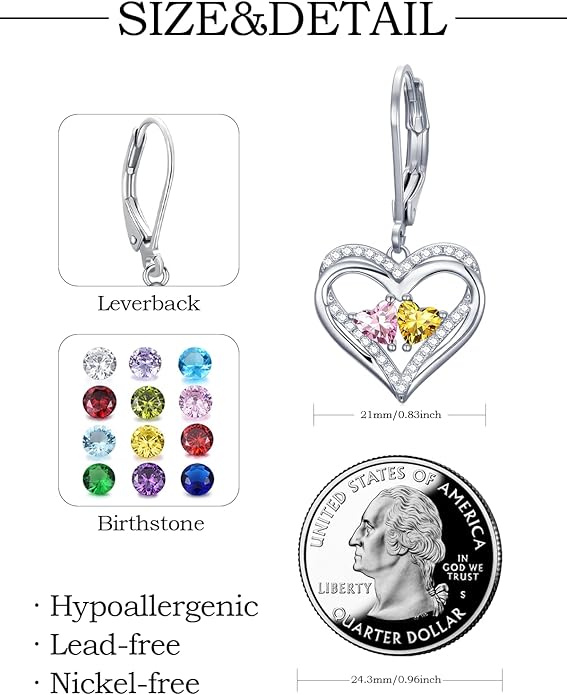 Valentines Day Gifts for Women, Heart Leverback Earrings Double Birthstone Dangle Earrings for Women, Love Jewelry for Her, Anniversary Birthday Gift for Mom Wife Girlfriend