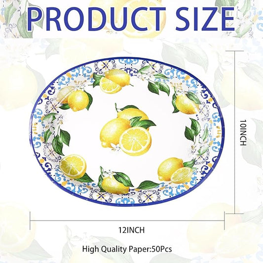 Grencian 50 Pcs Capri Lemon Oval Paper Plates 10"x12" Large Blue Tiles Yellow Lemon Plates Disposable 400 GSM Heavy Duty Capri Lemon Party Supplies for Summer Citrus Fruit Lemon Birthday Party Decor