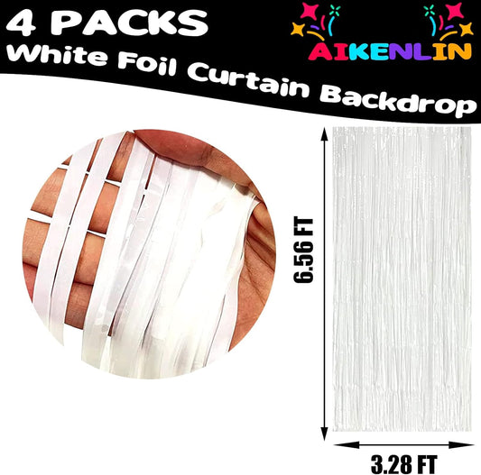 4 Pack 3.3Ft x 6.6Ft White Foil Fringe Curtain Backdrop, Metallic Tinsel Foil Fringe Streamers Curtains Background for Photo Booth, Birthday, Valentine's Day Party Decoration
