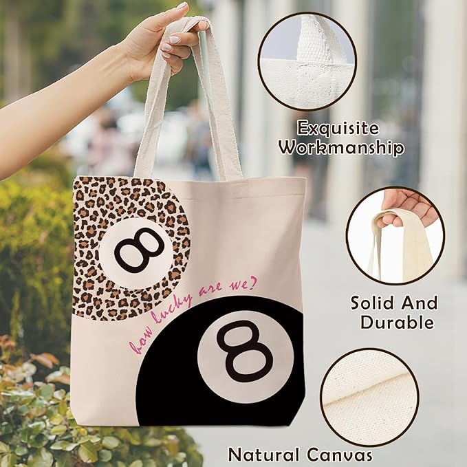 Coquette Leopard Print 8 Ball Tote Bag for Women,Trendy Cheetah Print Canvas Tote Bag for Girls,Girly Leopard 8 Ball Aesthetic Reusable Shopping Grocery Bags Party Favors
