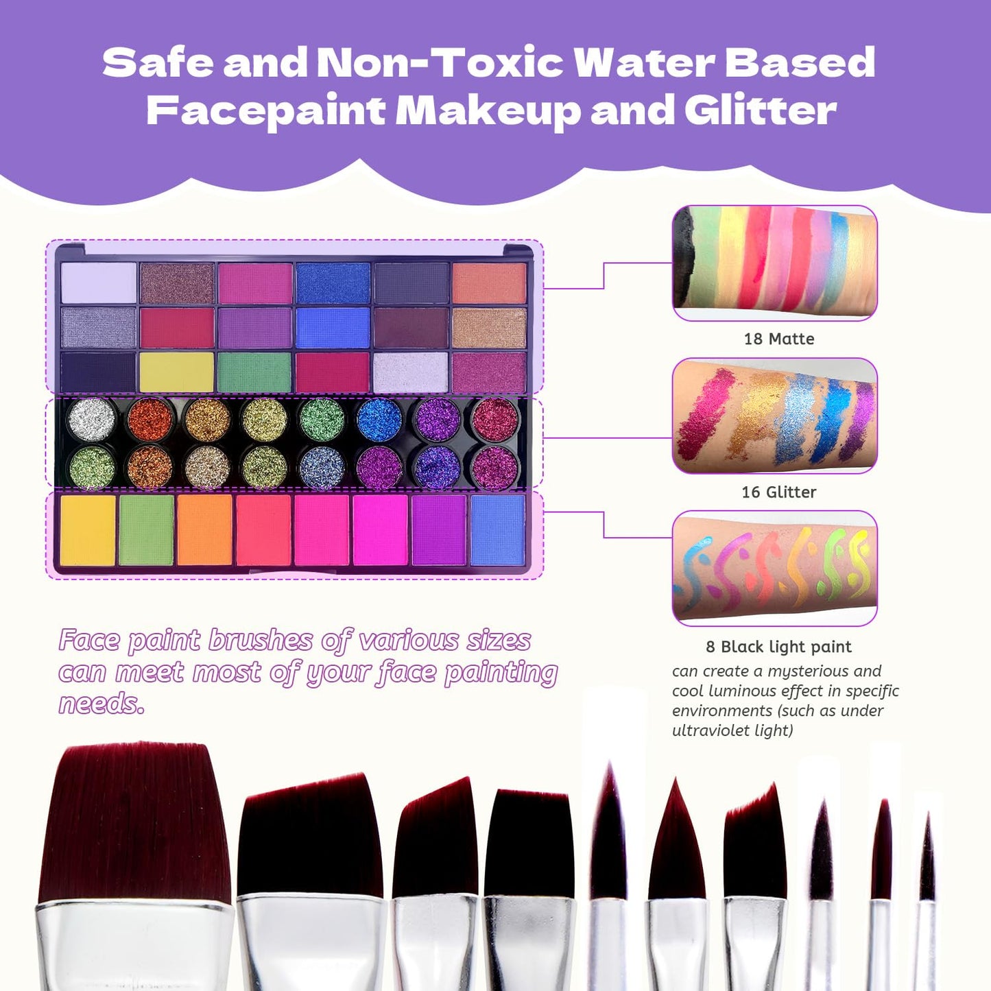 42 Color Face Painting Kit for Kids + 30g Black & White Face Paint - Non Toxic Water Activated Face paint palette with Brushes, Stencils, Gems - For Halloween Makeup, Carnival, Parties & Cosplay