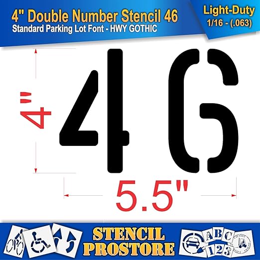 Pavement, Curb, and WheelStop Stencils - 4 inch Double Number Stencil - (46) - 4" x 5.5" x 1/16" (63 mil) - Light-Duty