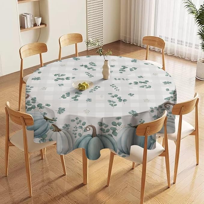 YCness Thanksgiving Pumpkin Tablecloth, Watercolor Eucalyptus Leaves Autumn Harvest Fall Watercolor Blue Gray Grid Table Cover for Party Picnic Dinner Kitchen 70x70 Inch Round