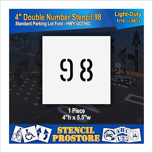 Pavement, Curb, and WheelStop Stencils - 4 inch Double Number Stencil - (98) - 4" x 5.5" x 1/16" (63 mil) - Light-Duty