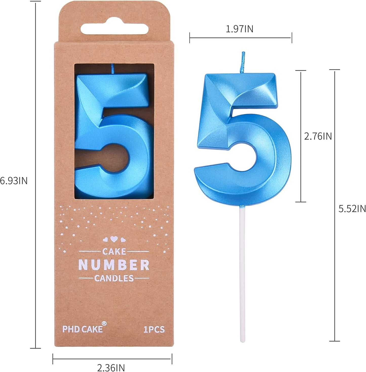 PHD CAKE 2.76 Inch Diamond Blue 5 Number Birthday Candles, Blue Number Candles, Cake Number Candles, Party Celebration