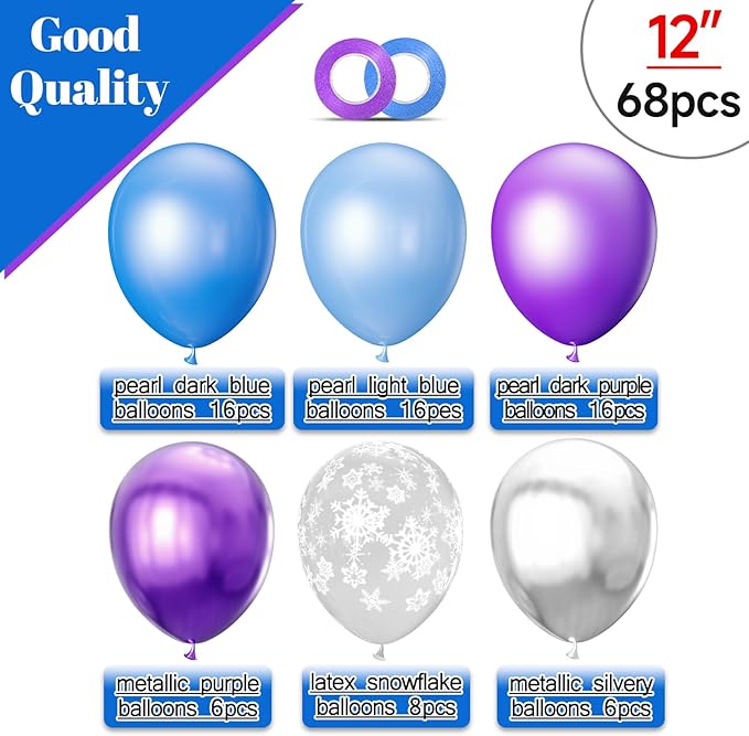 68Pcs Purple and Blue Party Balloons Kit 12 Inch Pearl Light Blue Metallic Purple Silver Snowflake Balloons with Ribbons for Winter Theme Birthday Wedding Girls Party Decorations.