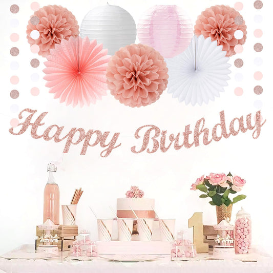 Rose Gold Pink & White Birthday Party Decorations 31Pcs – Banner, Pom Poms, Lanterns & Streamers Kit