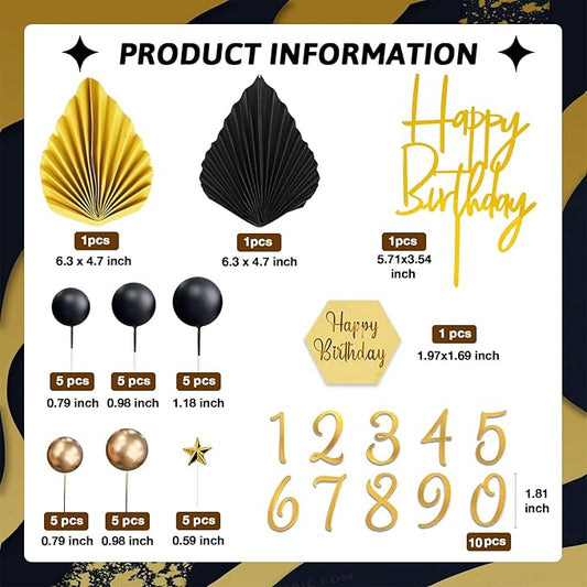 44Pcs Balls Cake Topper Man Cake Decorations with Black Gold Balls Palm Leaves Acrylic Numbers 0-9 and Happy Birthday Cake Toppers for Men Boy Black Theme Birthday Baby Shower Wedding Party Supplies