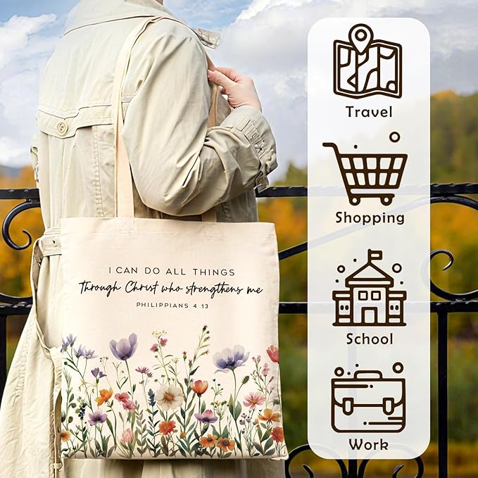 Preppy Floral Aesthetic Tote Bag for Women,Printed Canvas Tote Bag for Girls,Christian Gifts for Women Faith,Watercolour Aesthetic Reusable Shopping Grocery Bags Party Favors